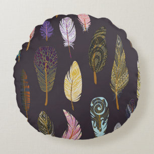 Coussins Ronds Plumes d'oiseaux colorées Motif d'aquarelle