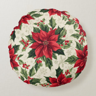 Coussins Ronds Poinsettia Rouge et Houx Vert de Noël Impression C