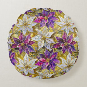 Coussins Ronds Poinsettias de Noël blanc or violet rose