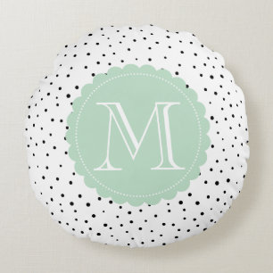 Coussins Ronds Points Confetti Noir & Blanc Mint Monogramme Vert