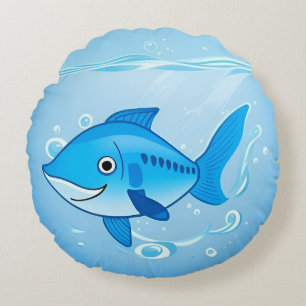 Coussins Ronds Poisson Bleu Heureux dans une Scène Sous-Marine
