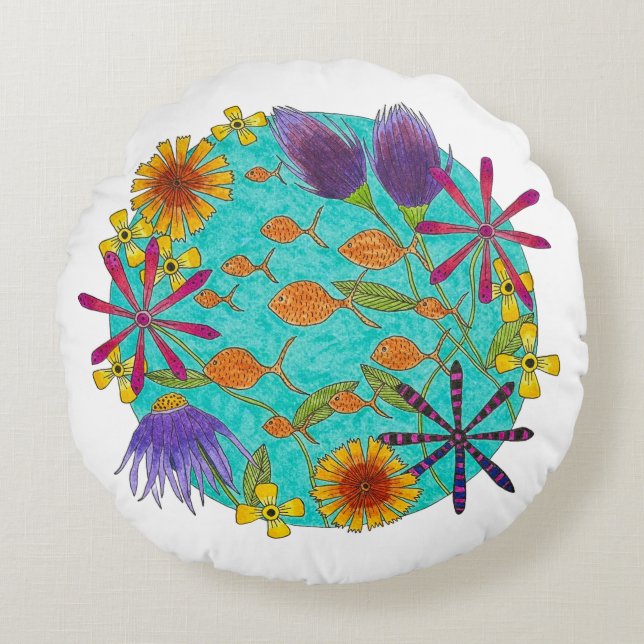 Coussins Ronds Poisson flaque avec fleurs (Devant)
