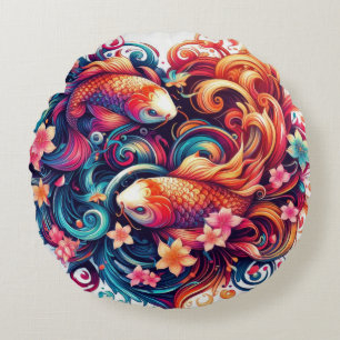 Coussins Ronds Poisson koi abstrait oriental vibrant et vagues