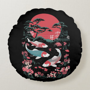 Coussins Ronds Poisson Koi japonais - Soleil rouge et étang Sakur