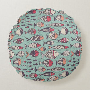 Coussins Ronds Poissons amusants : motif sans couture dessiné à l