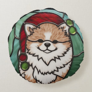 Coussins Ronds Pomeranian Vitrail de Noël