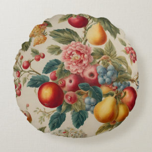 Coussins Ronds Pommes, Poires, Raisins, Fleur Rose. Peint en fran