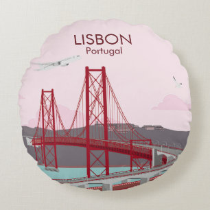 Coussins Ronds Pont de Lisbonne sur le fleuve Tage au style vinta