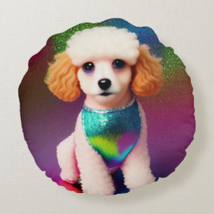 Coussins Ronds Poodle blanc avec oreilles de crème sur arc-en-cie