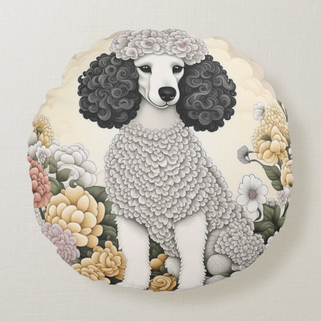 Coussins Ronds Poodle en Fleurs Whimsical (Devant)