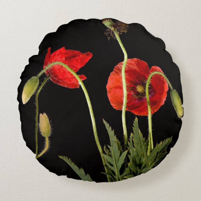 Coussins Ronds Poppies Rouges Vibrantes Sur Noir (Devant)
