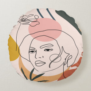 Coussins Ronds Portrait de femme abstrait en dessin linéaire