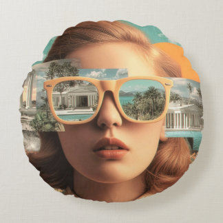 Coussins Ronds Portrait de femme surréaliste avec des lunettes de