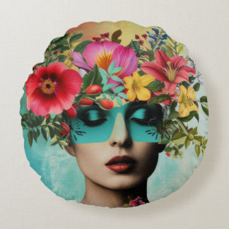 Coussins Ronds Portrait de femme vintage avec des fleurs