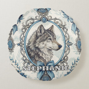 Coussins Ronds Portrait de loup d'hiver en cadre bleu et gris ora