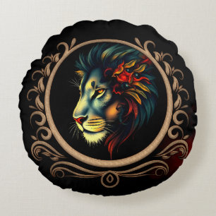 Coussins Ronds Portrait de tête de lion stylisé dans cadre Mandal
