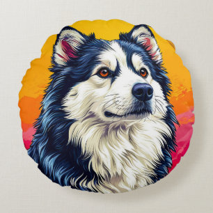 Coussins Ronds Portrait élégant de Husky avec coucher de soleil v