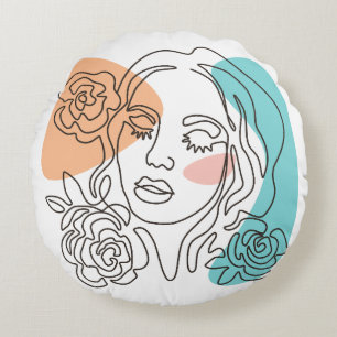 Coussins Ronds Portrait floral de femme en ligne abstraite
