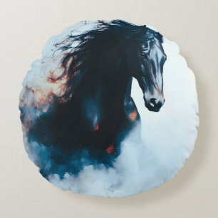 Coussins Ronds Portrait minimaliste de cheval noir de course