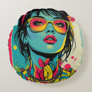 Coussins Ronds Portrait Neon Pop Diva - Art rétro gras et dynamiq