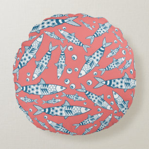Coussins Ronds Portugais Lisbonne Sardines Motif Azulejos rose