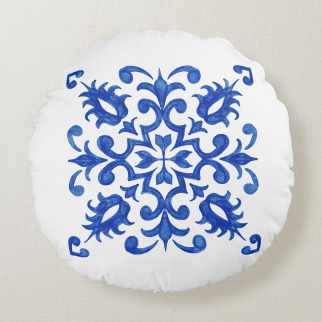 Coussins Ronds Portuguese Blue Tile central round medallion (Devant)