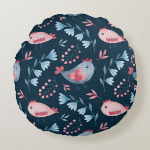 Coussins Ronds Poulets folkloriques : Aquarelle Motif sans coutur