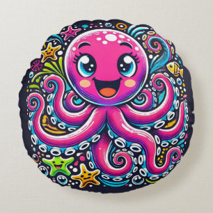 Coussins Ronds Poulpe illustré mignon avec des poissons colorés