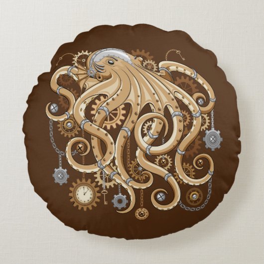Coussins Ronds Poulpe Steampunk Rétro Fantastique Mécanique (Devant)