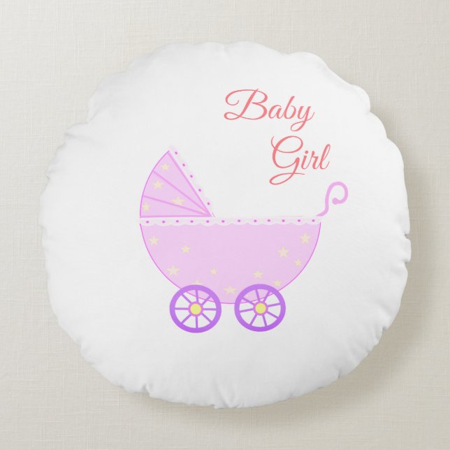 Coussins Ronds Poussette de bébé fille sur fond blanc (Devant)
