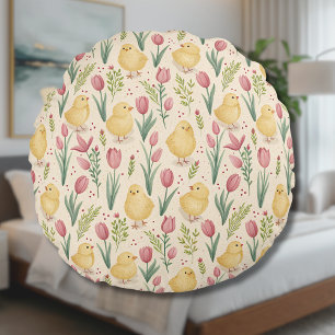 Coussins Ronds Poussins jaunes mignons et tulipes rouges de Pâque