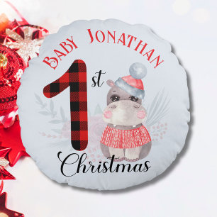 Coussins Ronds Premier nom hippo mignon de Noël du bébé garçon