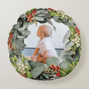 Coussins Ronds Première photo de Noël du bébé
