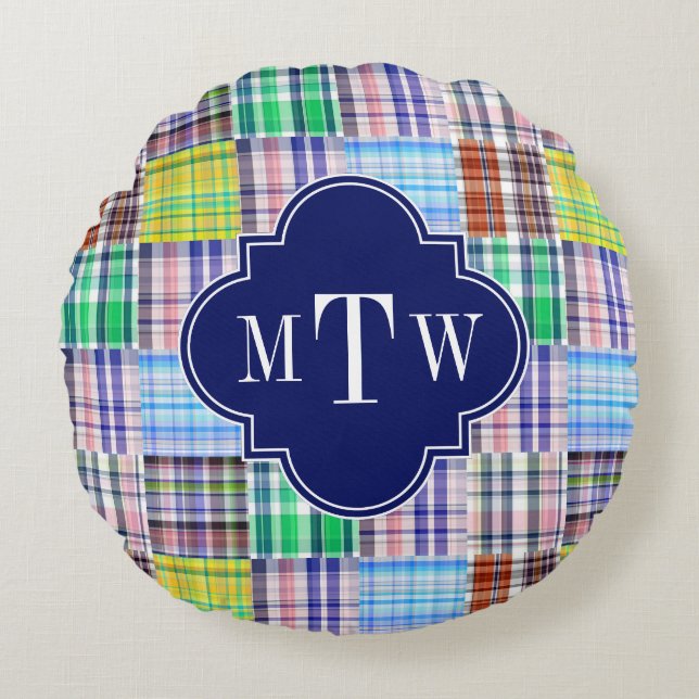 Coussins Ronds Preppy Patchwork Madras Navy Quatrefoil Monogramme (Devant)