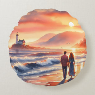 Coussins Ronds Promenade au phare du coucher de soleil côtier rom