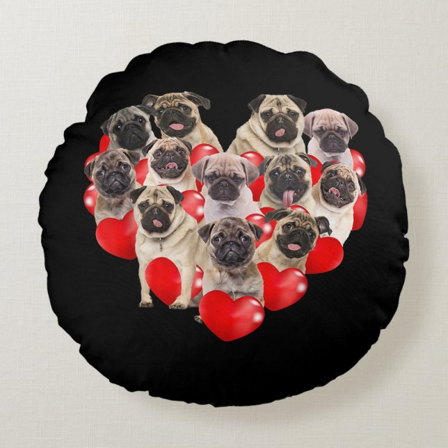 Coussins Ronds Puppy Pugs Venin de Valentine (Devant)