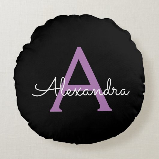 Coussins Ronds Purple Black Script Girl Nom du monogramme (Devant)