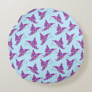 Coussins Ronds Purple Butterflies on Light Blue, Butterfly Print