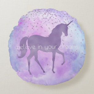 Coussins Ronds Purple Stars Confetti Aquarelle Unicorne