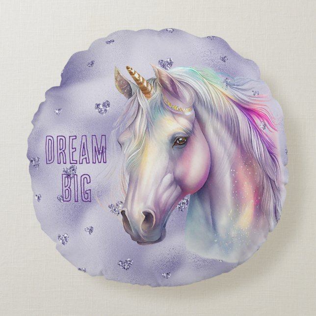 Coussins Ronds Purple Unicorn Dream Parties scintillant Coeurs (Devant)