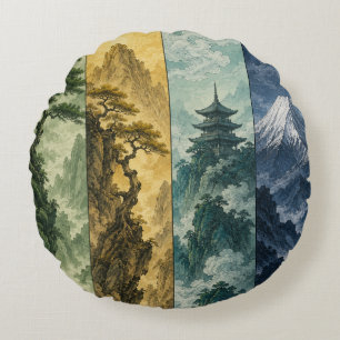 Coussins Ronds Quatre Saisons Montagne Paysage à l'encre japona