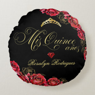 Coussins Ronds Quinceanera noir et rouge Princesse tiara
