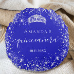 Coussins Ronds Quinceanera royal bleu argent parties scintillant<br><div class="desc">Pour un élégant Quinceañera, 15ème anniversaire. Une couleur arrière - plan bleue royale tendance. Décoré avec de la poussière de parties scintillant en faux argent, une couronne de tiare. Personnalisez et ajoutez un nom, un âge et une date. Quinceañera est écrit avec un script de style moderne écrit à la...</div>
