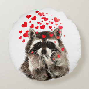 Coussins Ronds Raccoon drôle Baiser et Coeurs d'amour