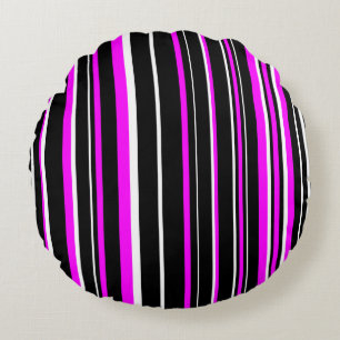 Coussins Ronds Rayure de code-barres noir, rose et blanc