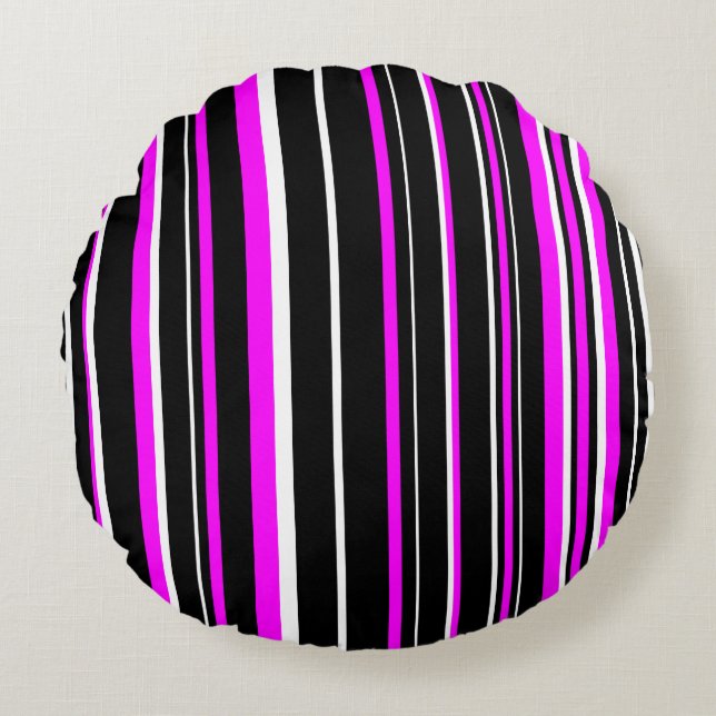 Coussins Ronds Rayure de code-barres noir, rose et blanc (Devant)