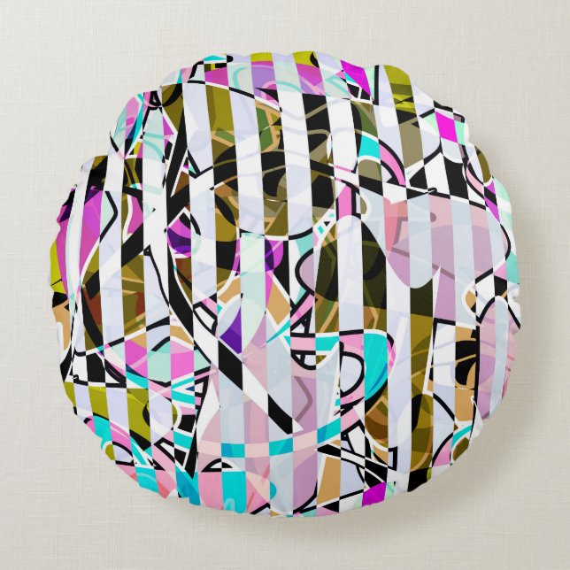 Coussins Ronds rayures motif rayées Abstraites beige turquoise p (Devant)