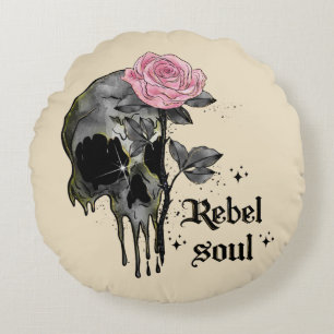 Coussins Ronds Rebel Soul - Crâne gothique avec Rose rose