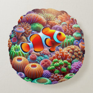 Coussins Ronds Récif de corail vibrant avec un poisson clown