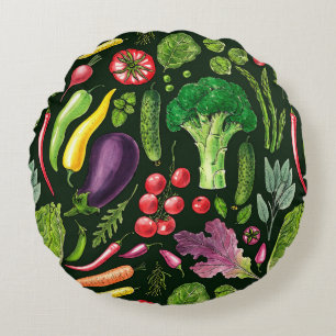 Coussins Ronds Récolte de légumes et d'herbes sur le noir